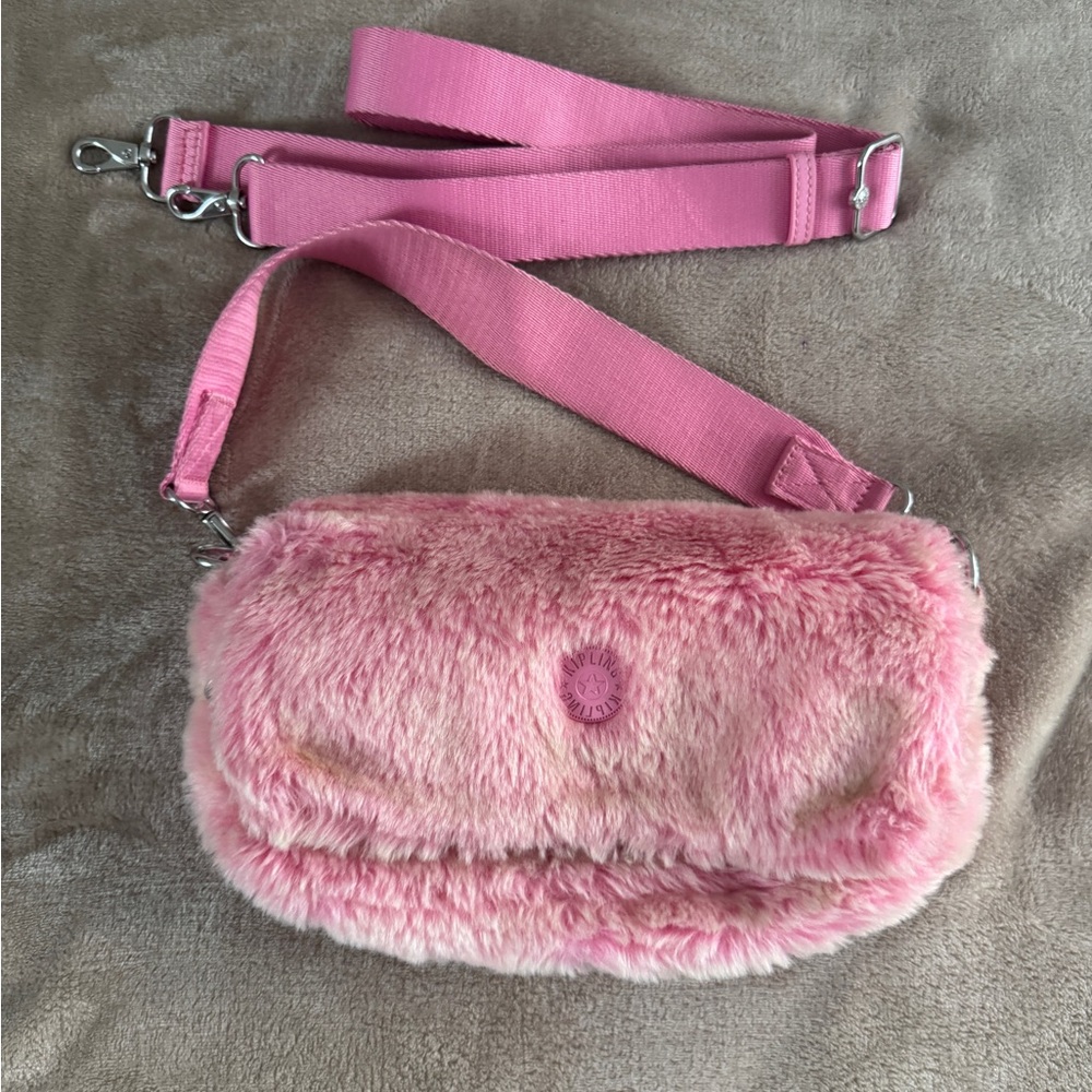 Kipling Aras Furry Shoulder Bag Pink Y2K Barbiecore Faux Fur - Picture 5 of 13
